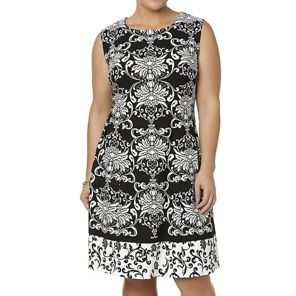 NWT Sandra Darren Black & Ivory Damask Border Scroll Print Sleeveless Dress 24W